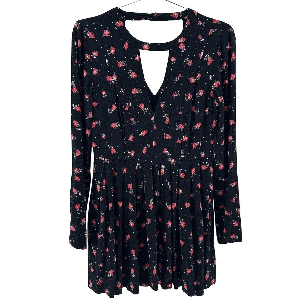FREE PEOPLE Teagan Floral Long Sleeve Keyhole Mini Dress • 6 • black red Boho